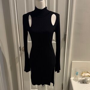 BCBG MAXAZRIA Black Turtleneck Dress w/ Cut-Outs, High Slit & Slit Bell Sleeves